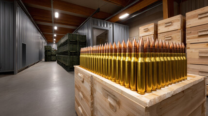 Large rifle bullet ammunition stacked on wooden crate in storage room with metal containers and crates
