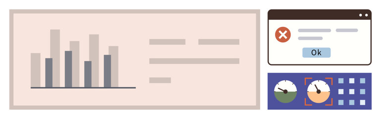 Bar chart, error pop-up, circular performance meters, and grid sections convey analytics, monitoring, problem-solving, project planning, performance evaluation, decision-making and results tracking