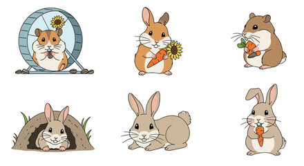 Fototapeta premium Cute cartoon animals including hamsters and rabbits enjoying healthy vegetables and seeds.