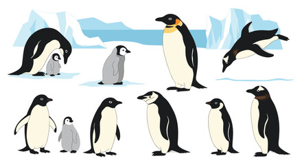 A charming collection of diverse penguins in their natural icy habitat featuring adults and chicks.
