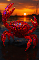 夕日に輝くカニ