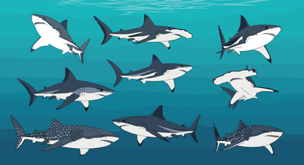 Obraz premium A colorful array of pixel art sharks swimming in the ocean depths.