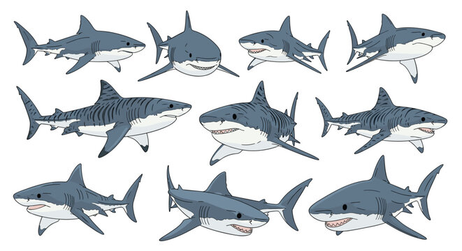 A collection of pixel art illustrations of various sharks swimming in the ocean.