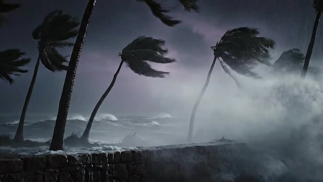 Stormy sea with strong winds and swaying palm trees at night  