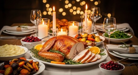Traditional Thanksgiving, Christmas turkey dinner. Close-up of roast turkey, festive table decorated with candles. family celebrating Thanksgiving, Christmas. Holiday concept.