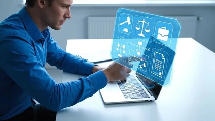 Businessman interacting with holographic interface while using laptop - Powered by Adobe