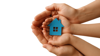 Adult and child hands holding a blue paper house cutout with a white background isolated on a transparent background