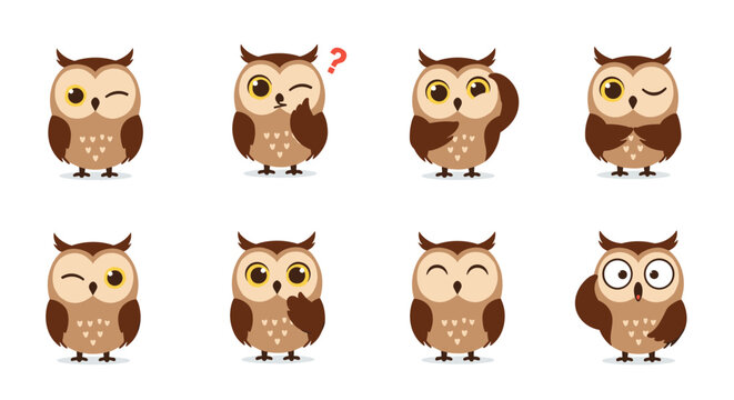 A charming collection of expressive cartoon owls showing various emotions and reactions.
