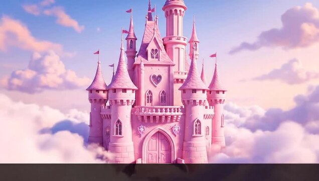 Fantasy pink castle with towers above fluffy clouds at sunset  