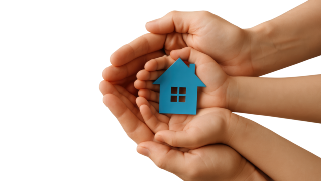 Adult and child hands holding a blue paper house cutout with a white background isolated on a transparent background