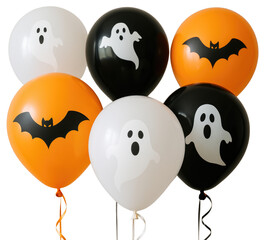 Obraz premium Assortment of Halloween balloons featuring ghosts and bats on a black background isolated on a transparent background