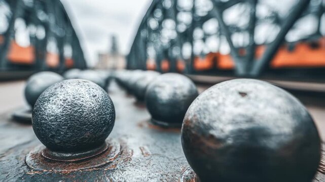 Dynamic medium shot of steel rivets partially inserted into heavyduty girders clear metallic detail emphasized with outoffocus construction materials in depth of field