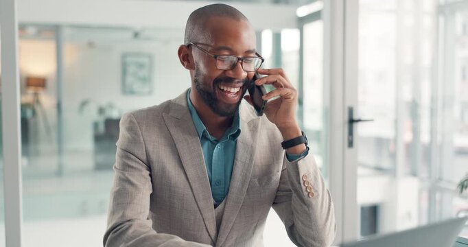 Phone call, communication and black man in office for deal, contact or networking with client. Cellphone, happy and African male financial manager on mobile discussion for investment negotiation.
