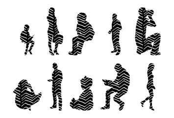 Vector illustration, Outline silhouettes of people, Contour drawing, people silhouette, Icon Set Isolated , Silhouette of sitting people, Architectural set