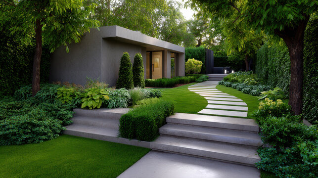 Modern garden pathway with lush green plants and trees leading to small building, creating peaceful outdoor space - Powered by Adobe