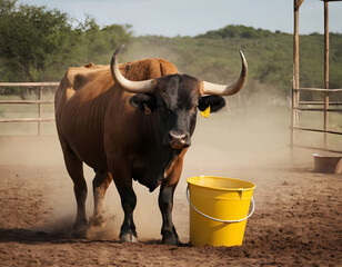 wild bull bucking a bucket hd wallpaper, highland cow with horns