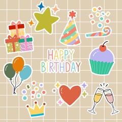 Happy Birthday celebration sticker collection on grid background.