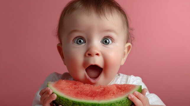 Baby with surprised expression holding slice of watermelon with pink background, fresh and juicy fruit enjoyment