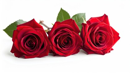 Three Red Roses with Green Leaves on White Background a Close Up View Showing Detail and Texture Natural Light