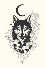 Mystical engraved illustration of a wolf head with crescent moon and stars, symbolic nature design.