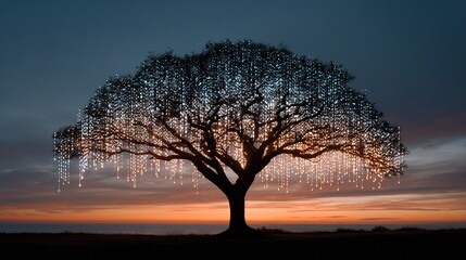 Digital Data Tree with Glowing Binary Code Leaves at Sunset, Symbolizing AI, Technology, and Knowledge Growth