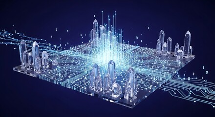 Data crystals shine atop circuit board in a stunning tech fusion, promising innovation and digital transformation