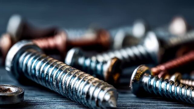 Closeup of a focused metric screw with blurred assortment of screws and nails in background highlighting precise threading and smooth metal finish.