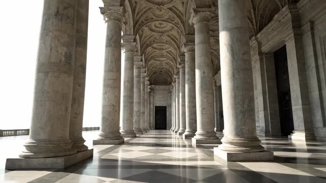 Grand Colonnade with Fluted Columns and Vaulted Ceiling - A long colonnade featuring numerous fluted marble columns creates a strong sense of perspective leading to a dark doorway under a detailed