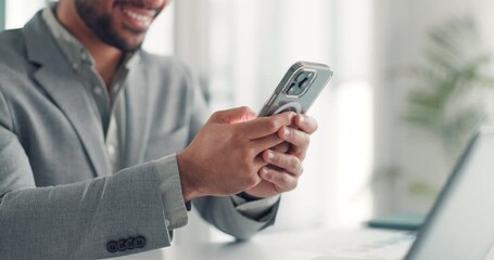 Phone, hands and businessman in office for typing email with communication on mobile app. Technology, contact and professional male corporate employee with cellphone for social media in workplace. - Powered by Adobe