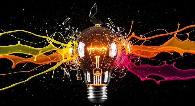 Vibrant explosion of creativity with shattered light bulb illuminating bright colors on a black background