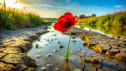 Vibrant red poppy blooming in cracked earth, symbolizing resilience and hope