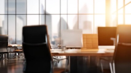 Modern office interior with empty chairs and desks overlooking a city skyline at golden hour - Powered by Adobe