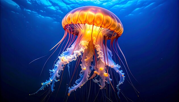 Stunning underwater image of a vibrant jellyfish in a deep blue ocean