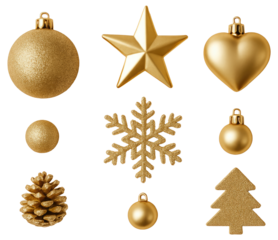 Collection of Golden Christmas Ornaments and Decorations on White Background star isolated on a transparent background