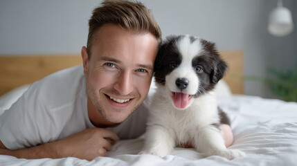 Smiling man lying on bed with happy black and white puppy, showing joyful moment of pet companionship indoors