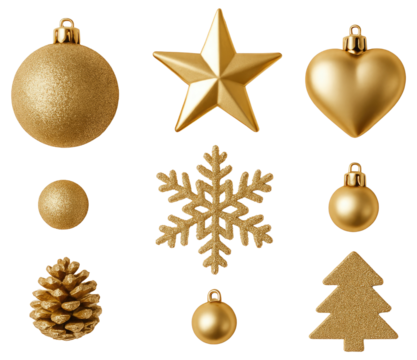 Collection of Golden Christmas Ornaments and Decorations on White Background star isolated on a transparent background