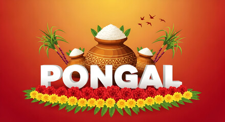 Festive pongal celebration design with pots of rice sugarcane and flowers on an orange background for traditional indian harvest festival greetings