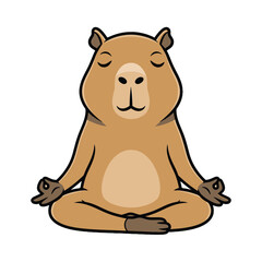 A cartoon capybara meditates in a lotus position against a clean white background with a serene mood.