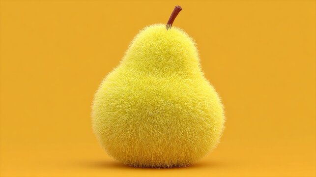 Bright yellow fluffy pear against a vibrant orange background creating a playful and surreal scene