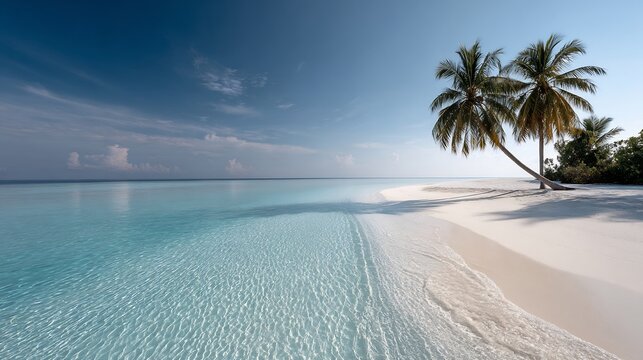 White sand tropical beach with clear turquoise ocean, blue sky, and leaning palm trees - Powered by Adobe
