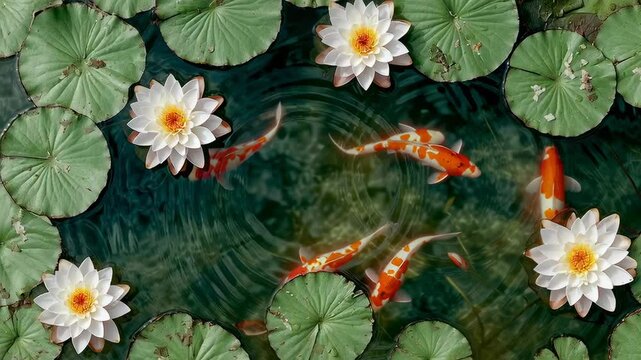 White water lily flower and koi fish swimming in pond. Beautiful nature scene with aquatic plant and colorful oriental animal.