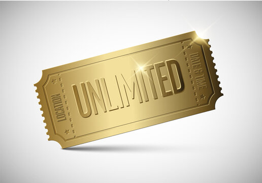 A dazzling golden unlimited ticket with a brilliant shine, symbolizing premium access and exclusive entry. This golden ticket offers unlimited possibilities for prestige.