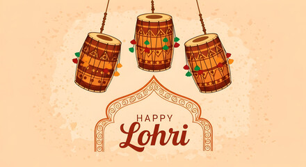 Festive happy lohri celebration with traditional drums and decorative elements for cultural events and holiday greetings in a warm and inviting atmosphere