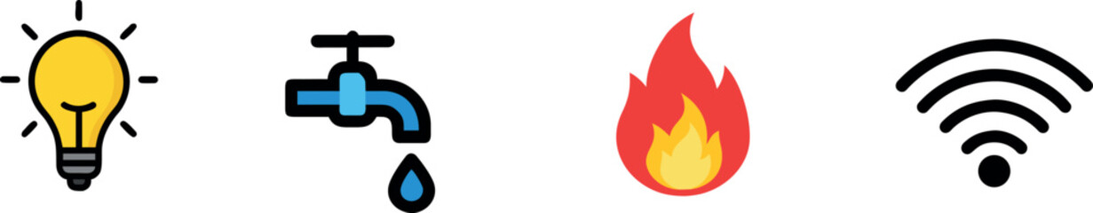 Set of Cartoon Icons Representing Essential Home Utility Services: Electricity, Water, Gas, and Wi-Fi