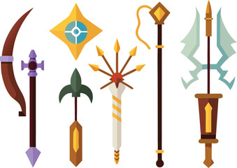Fantasy weapon icons collection vector illustration swords bows magic elements eps format