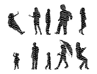 Vector illustration, Outline silhouettes of people, Contour drawing, people silhouette, Icon Set Isolated , Silhouette of sitting people, Architectural set