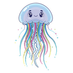 Cartoon jellyfish with colorful tentacles and a cheerful face on a white background © Yazid