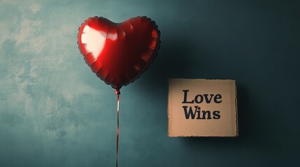 Heart-Shaped Balloon with Love Wins Sign Macro Shot Photorealistic Textures Minimal Background