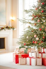 Cozy christmas living room with decorated tree and fireplace ambience