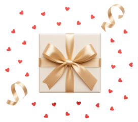 Elegant Gold Ribbon Wrapped Gift Box Surrounded by Red Hearts and Ribbons on a Geometric Pattern Background isolated on a transparent background